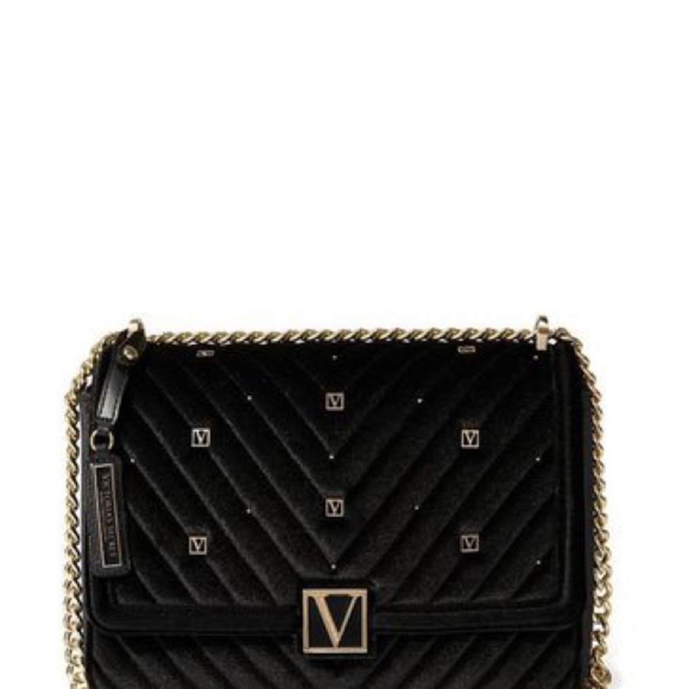 Victoria’s Secret Medium Shoulder Bag, Black Velvet with little Vs, NWT